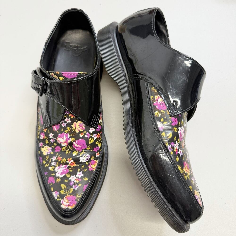 Dr. Martens Areli Floral Black Lamper Leather Pointed Toe Creeper Derby Size 41